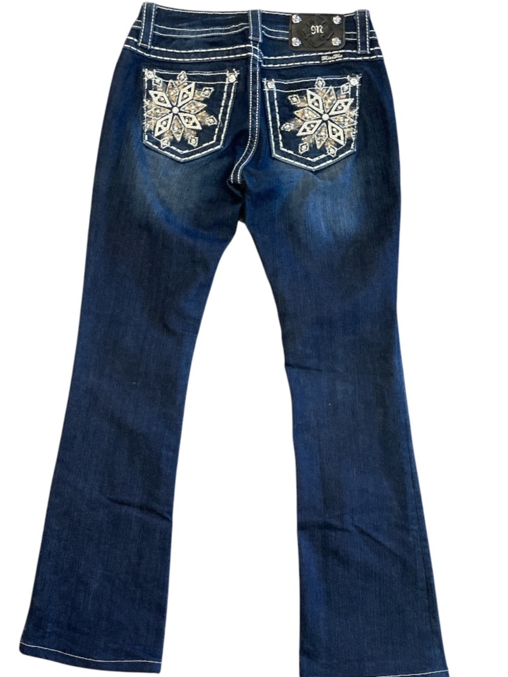 Miss Me boot cut bling pocket size 26 mid rise dark blue denim jeans